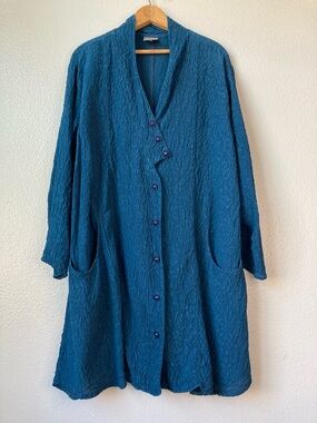 Vintage 90s URU Dark Teal Silk Textured Floral Tunic Jacket Artsy Global 2 M/L